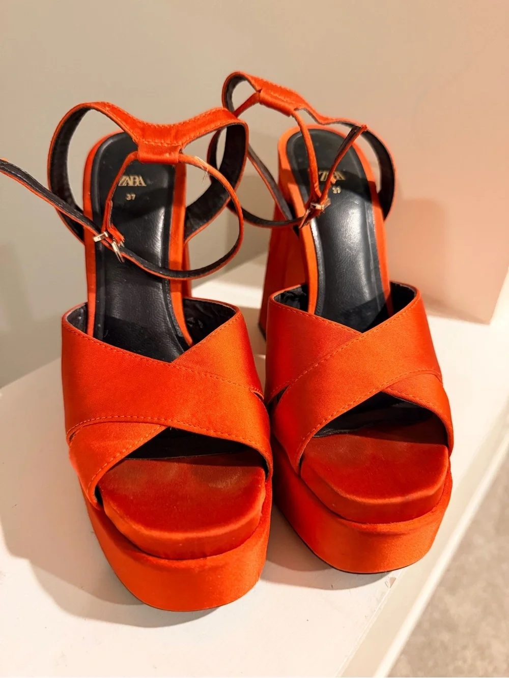 Zara Orange Satin Platform Crisscross Sandals